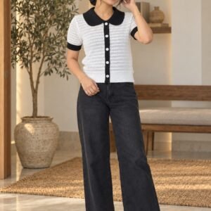 White Knit Contrast Collar Cardigan Top – Hikma