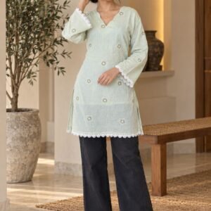 Mint Green Embroidered Short Kurti Top – Hikma