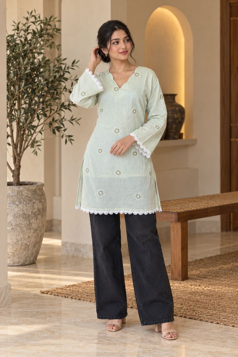 Mint Green Embroidered Short Kurti Top – Hikma