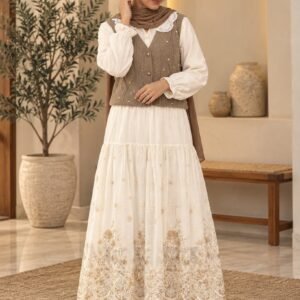 Ivory Embroidered Maxi Dress with Knit Vest – Hikma