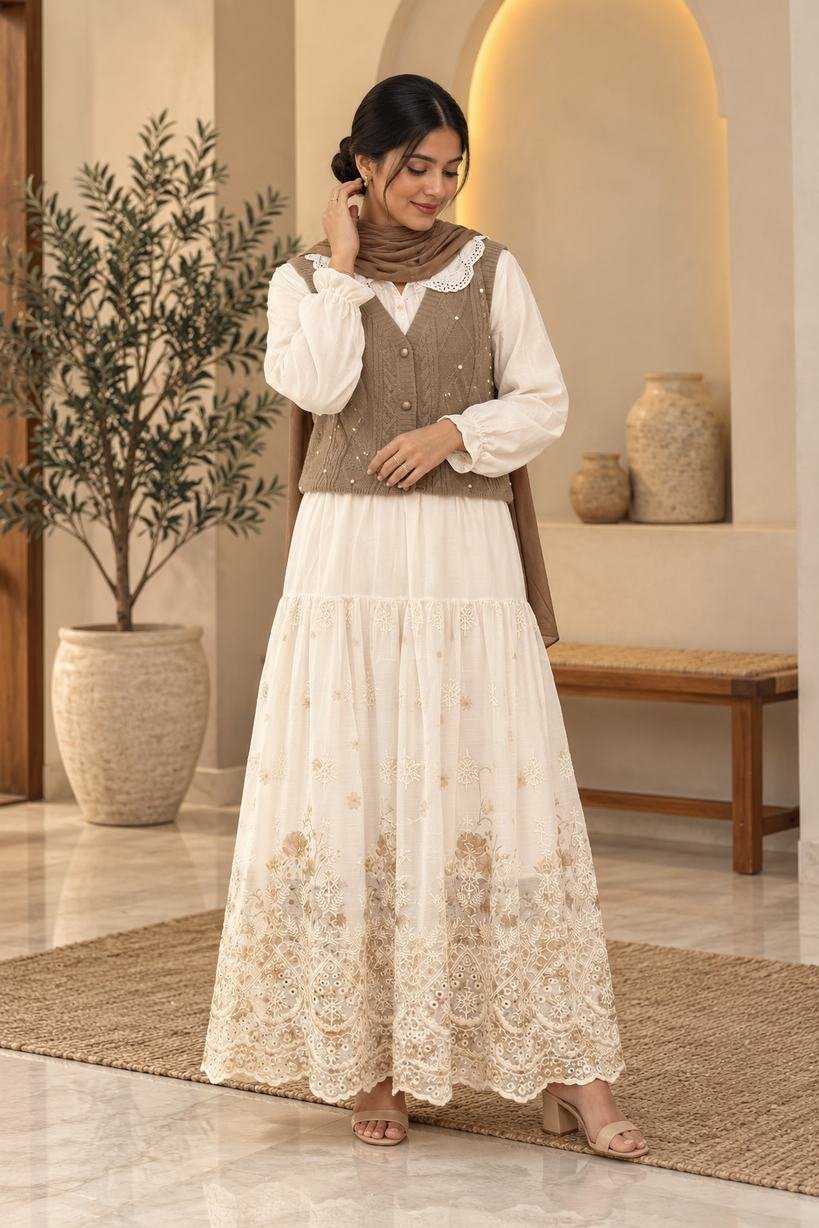 Ivory Embroidered Maxi Dress with Knit Vest – Hikma