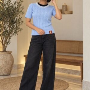 Powder Blue Pearl Embellished Ribbed Top – Hikma