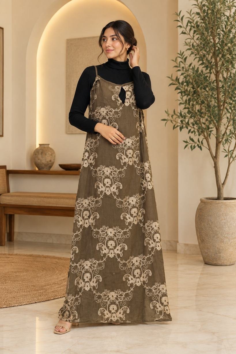 Olive Brown Floral Printed Pinafore Maxi Dress – Hikma
