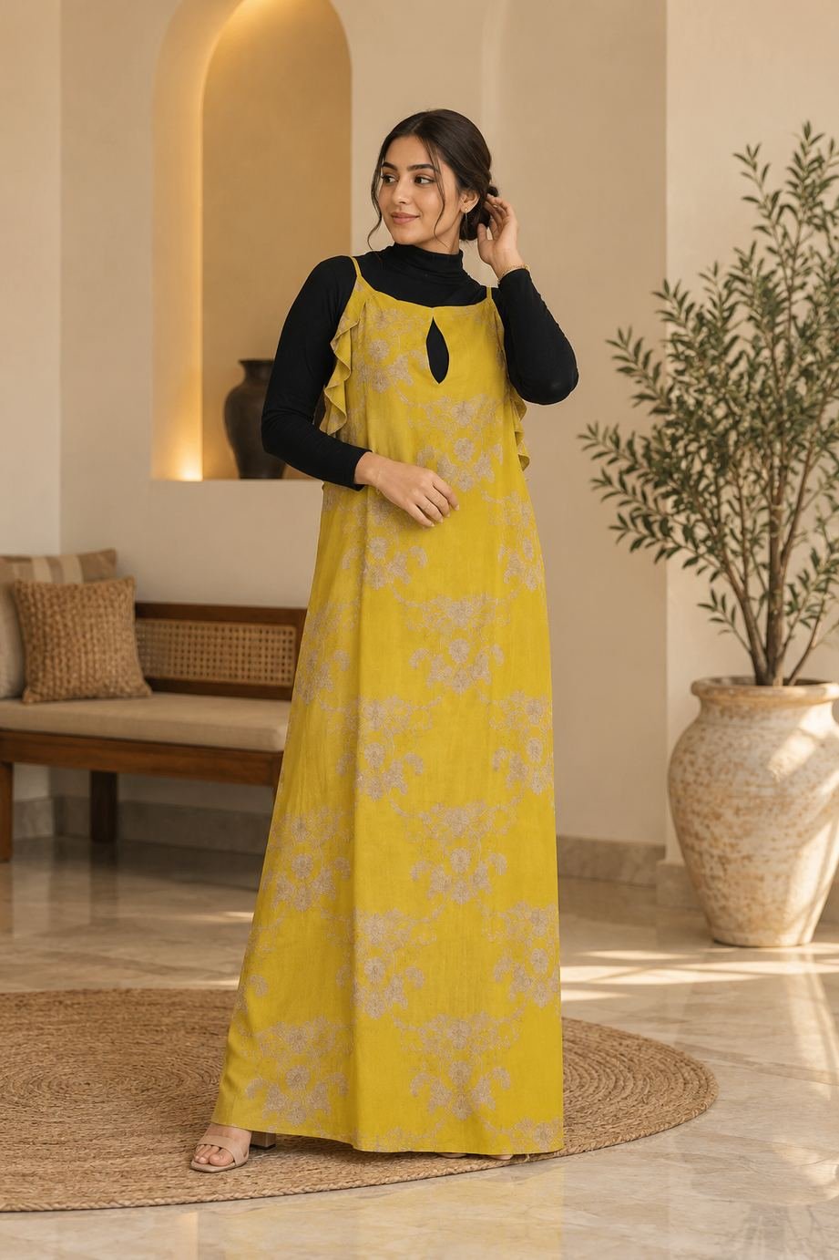 Mustard Yellow Floral Printed Pinafore Maxi Dress – Hikma