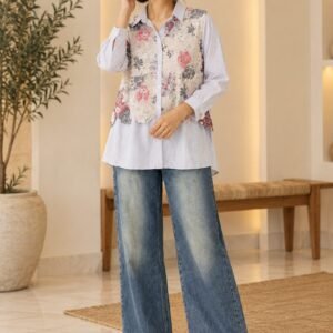 White Pinstripe Shirt with Floral Lace Panel – Hikma