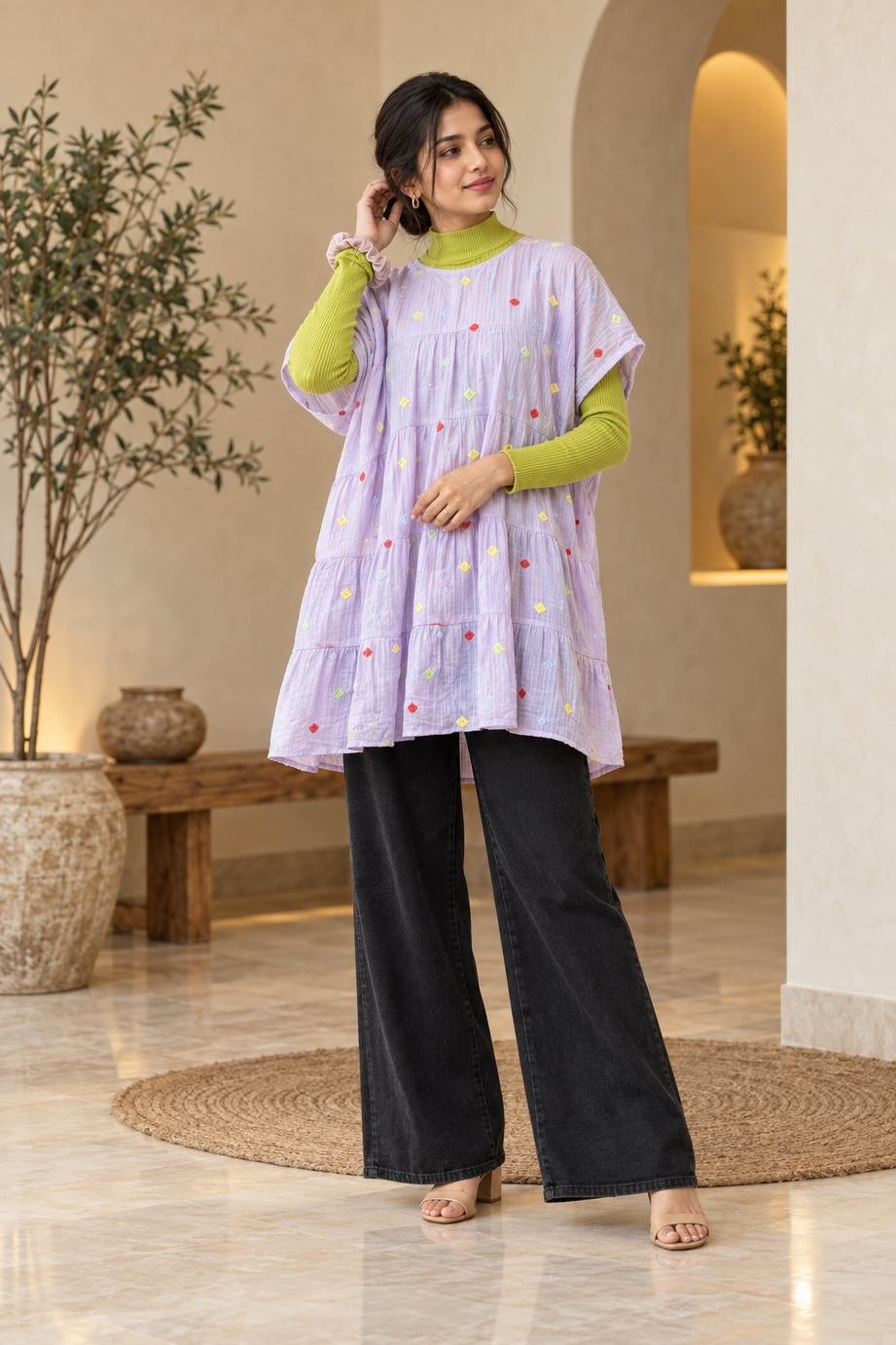 Lavender Confetti Embroidered Tiered Top – Hikma