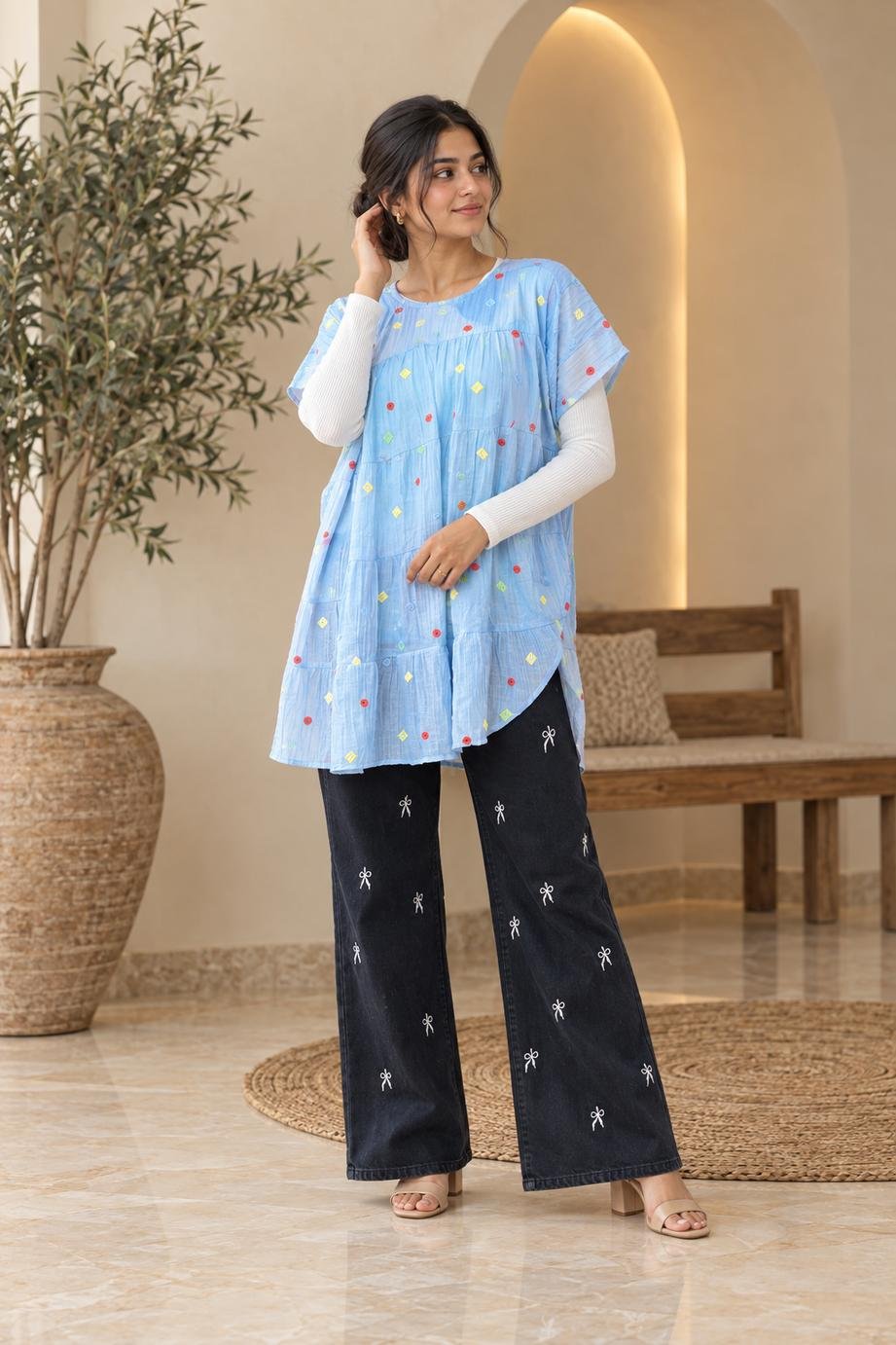 Sky Blue Confetti Embroidered Tiered Top – Hikma