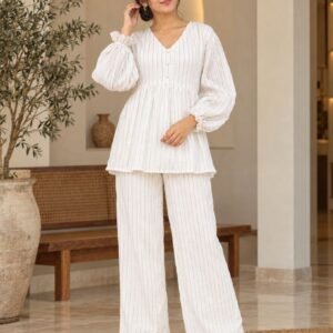 White Striped Balloon Sleeve Co-ord Set – Hikma
