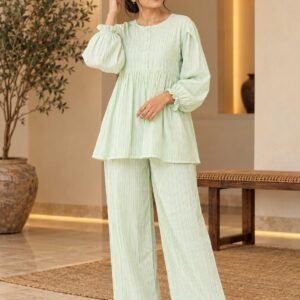 Mint Green Striped Balloon Sleeve Co-ord Set – Hikma