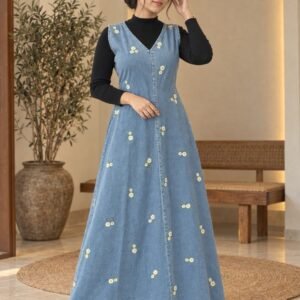 Blue Denim Floral Embroidered Pinafore Maxi Dress – Hikma