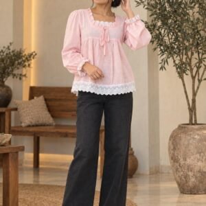 Baby Pink Lace Trim Bow Neck Top – Hikma