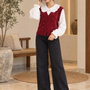 Maroon Vest with Frill Collar Blouse – Hikma