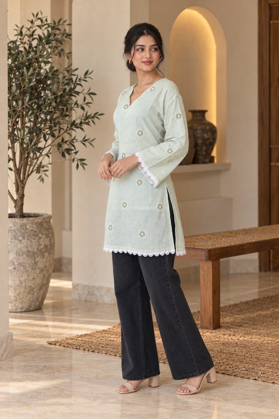 Mint Green Embroidered Short Kurti Top – Hikma - Image 2