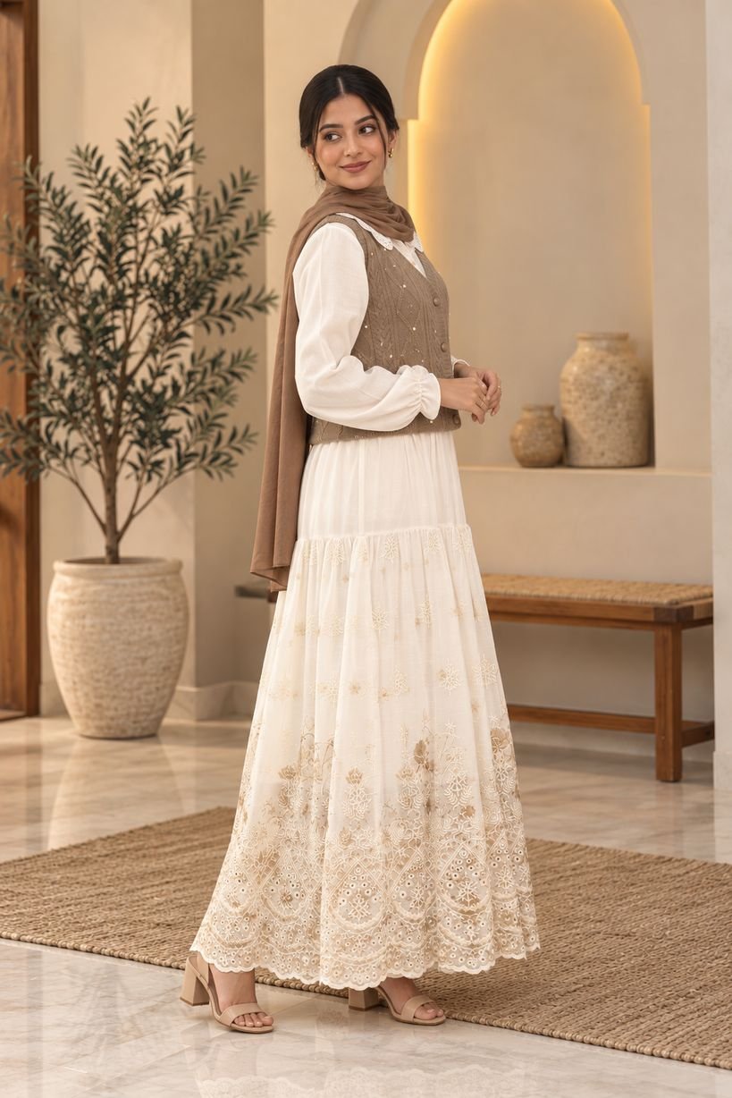 Ivory Embroidered Maxi Dress with Knit Vest – Hikma - Image 2