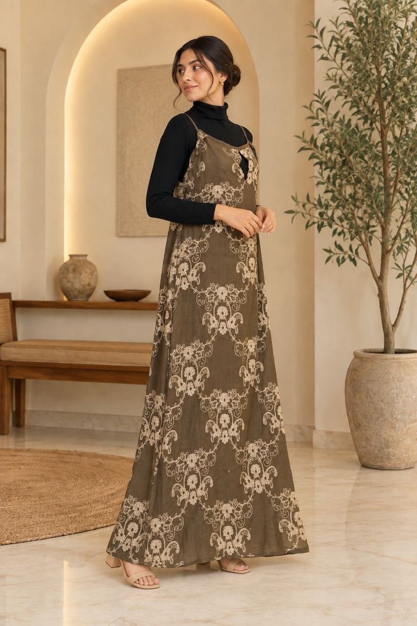 Olive Brown Floral Printed Pinafore Maxi Dress – Hikma - Image 2