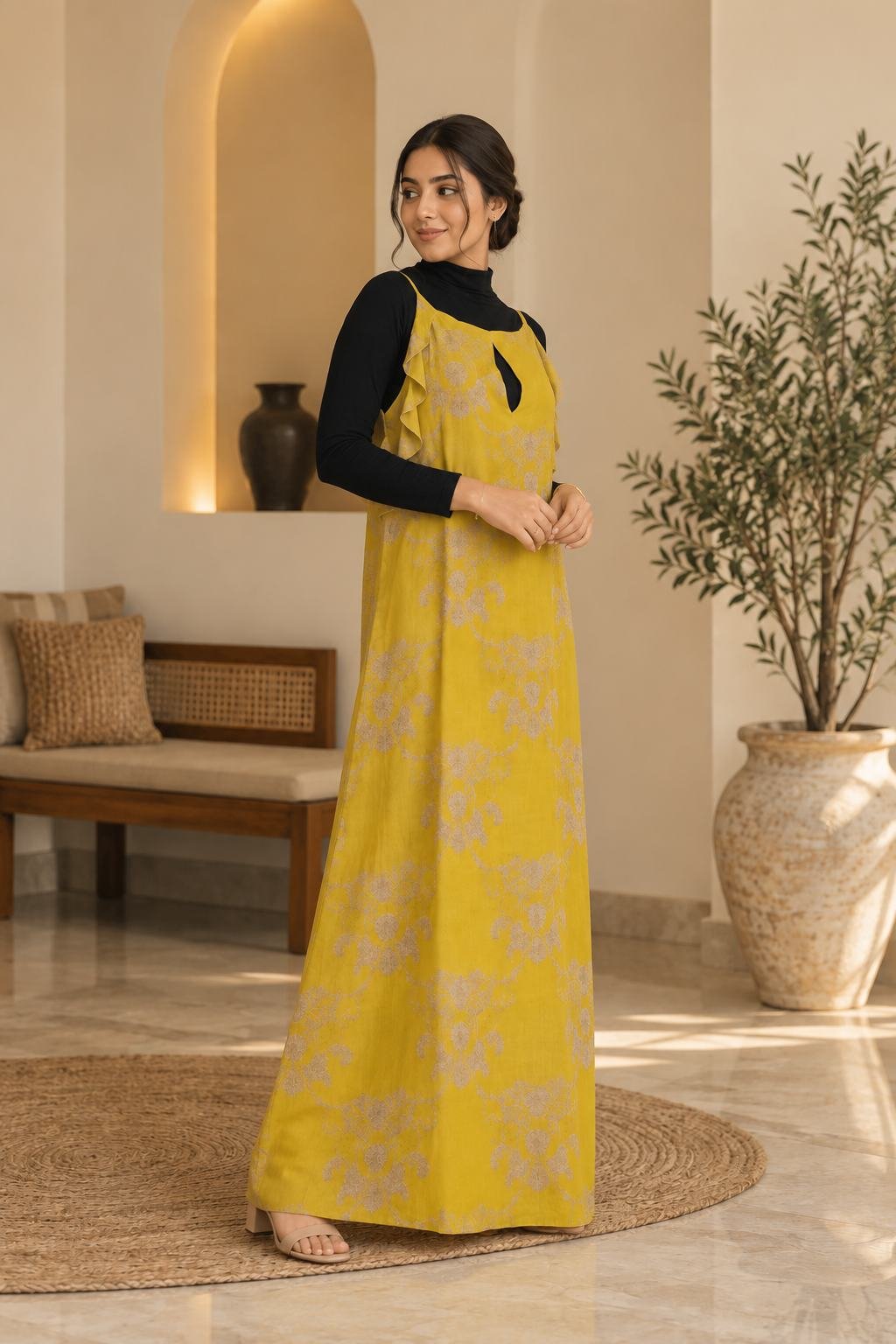 Mustard Yellow Floral Printed Pinafore Maxi Dress – Hikma - Image 2