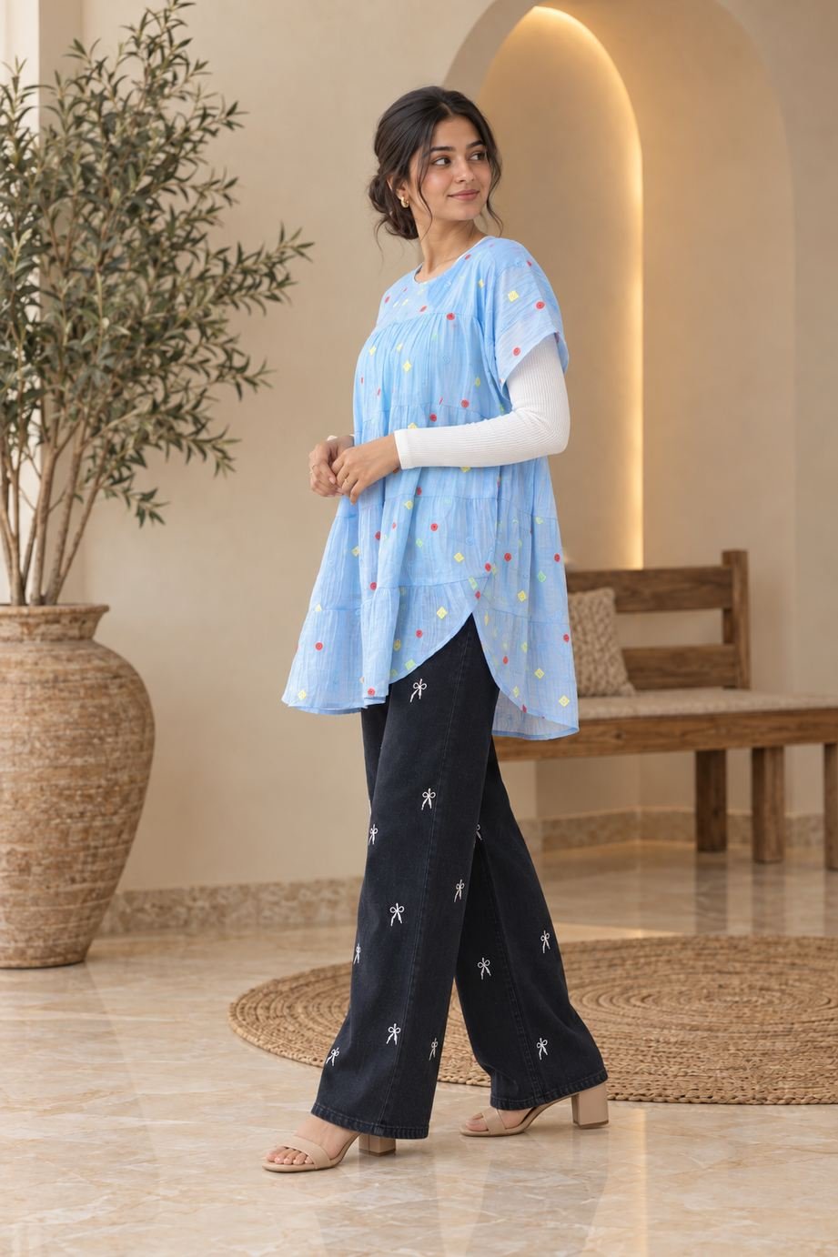 Sky Blue Confetti Embroidered Tiered Top – Hikma - Image 2