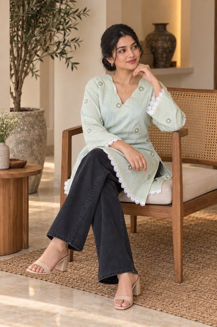 Mint Green Embroidered Short Kurti Top – Hikma - Image 3