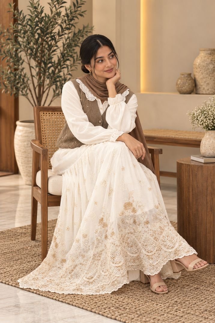 Ivory Embroidered Maxi Dress with Knit Vest – Hikma - Image 3