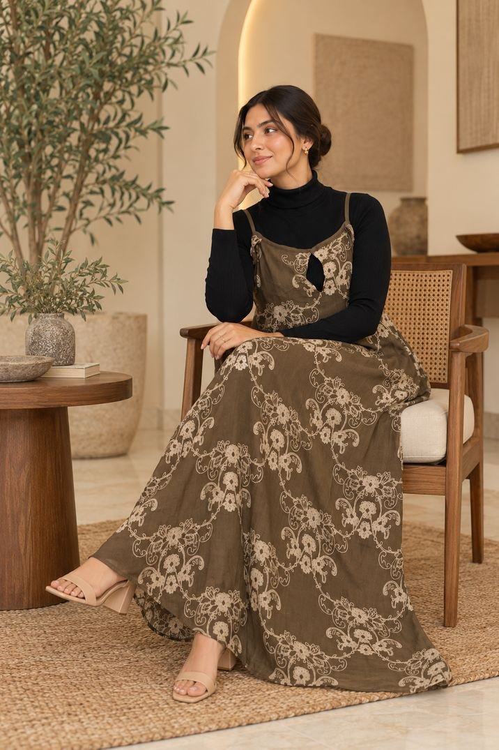 Olive Brown Floral Printed Pinafore Maxi Dress – Hikma - Image 3