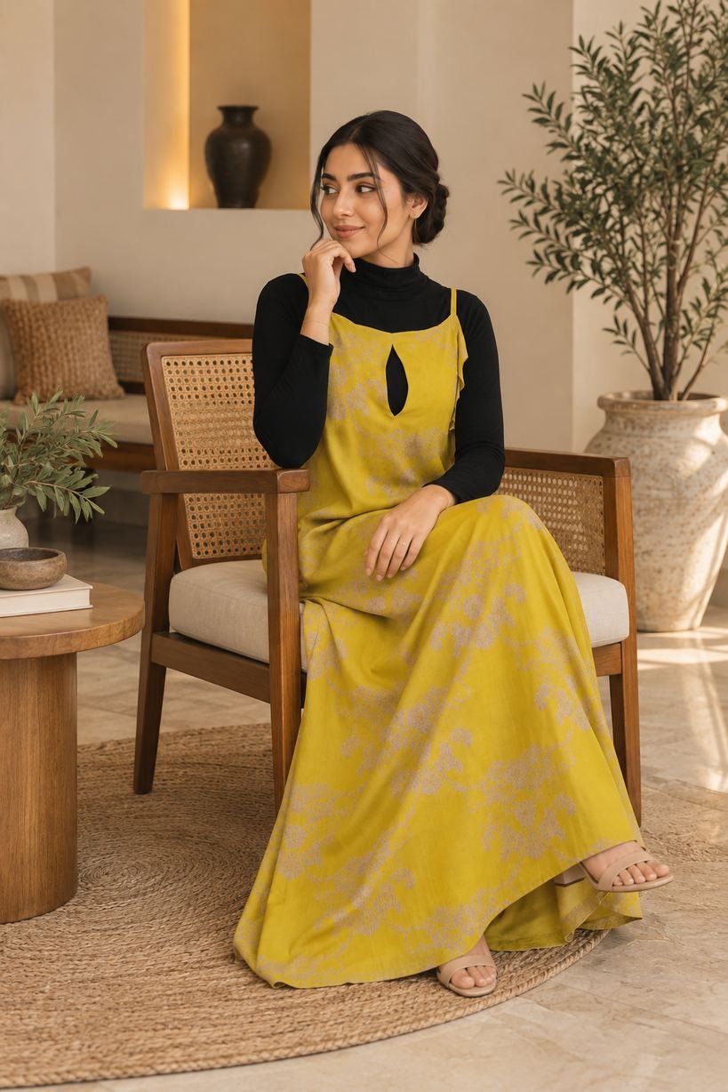 Mustard Yellow Floral Printed Pinafore Maxi Dress – Hikma - Image 3