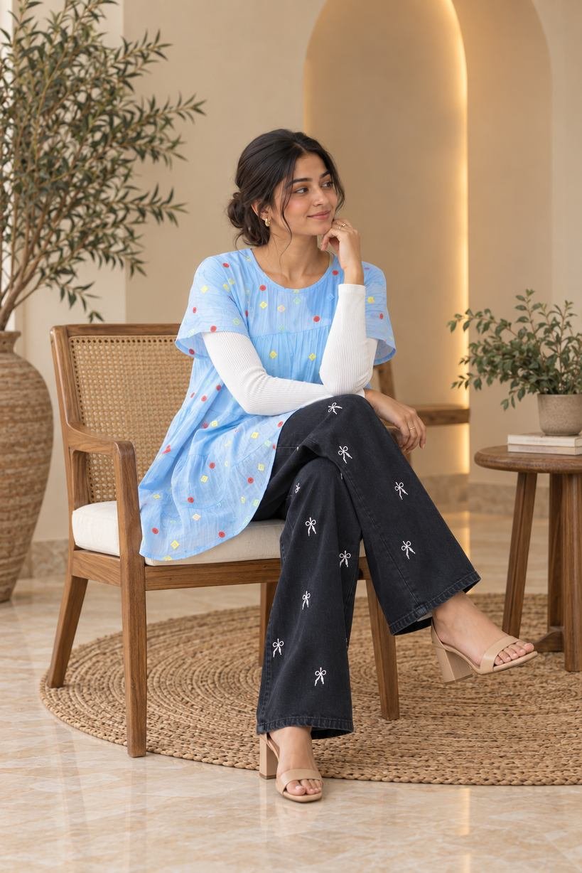 Sky Blue Confetti Embroidered Tiered Top – Hikma - Image 3