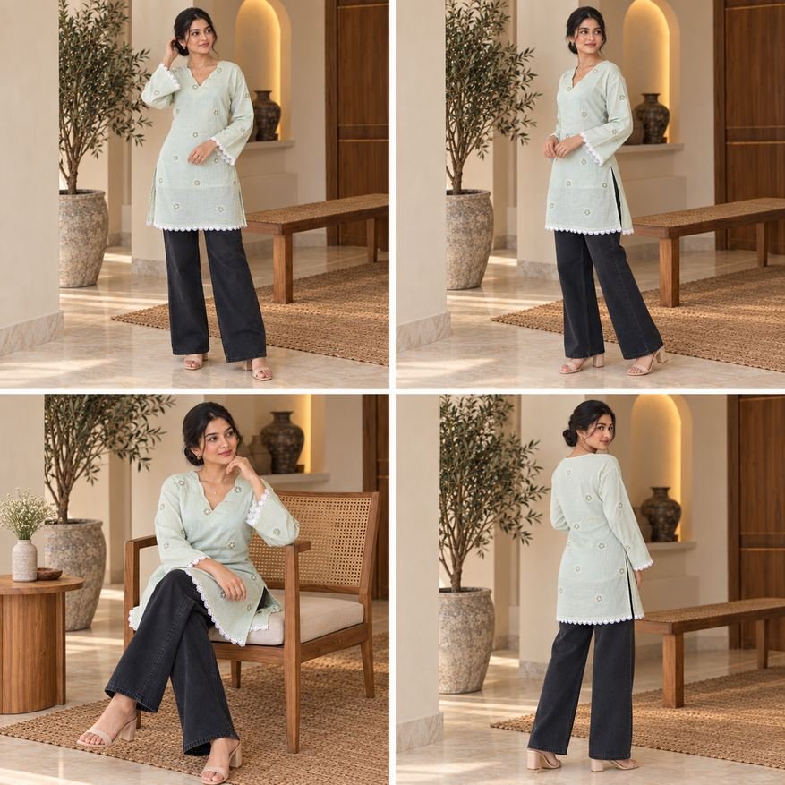 Mint Green Embroidered Short Kurti Top – Hikma - Image 4