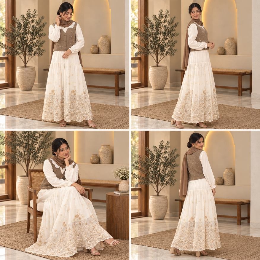 Ivory Embroidered Maxi Dress with Knit Vest – Hikma - Image 4