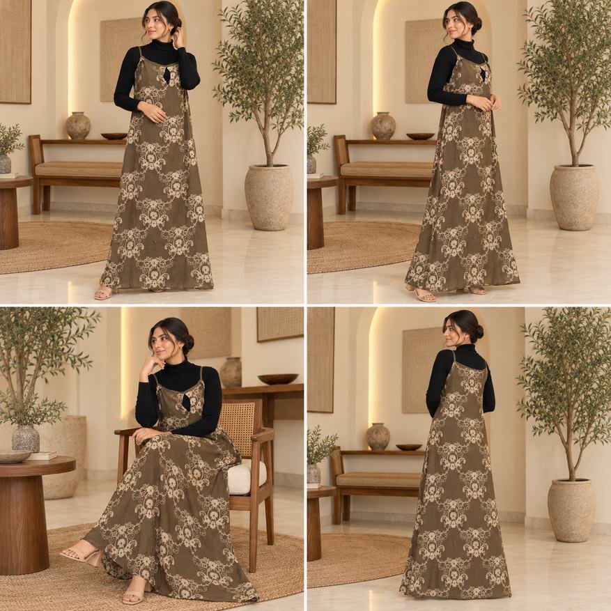 Olive Brown Floral Printed Pinafore Maxi Dress – Hikma - Image 4