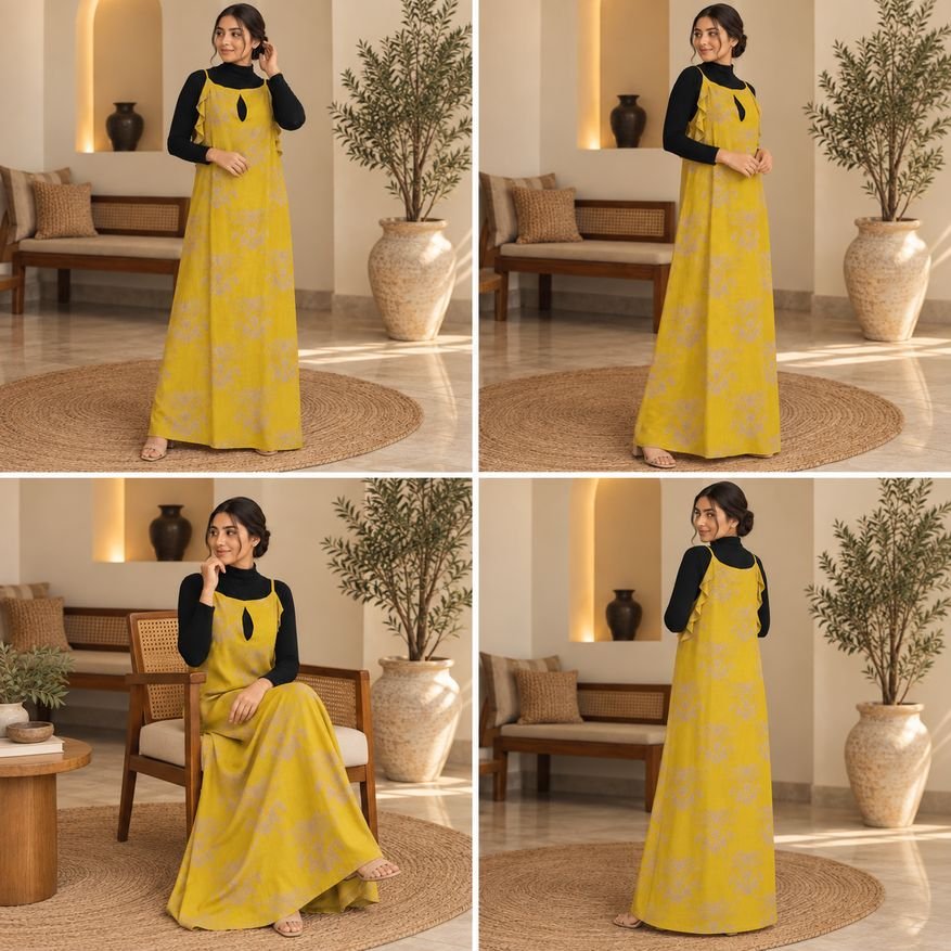 Mustard Yellow Floral Printed Pinafore Maxi Dress – Hikma - Image 4