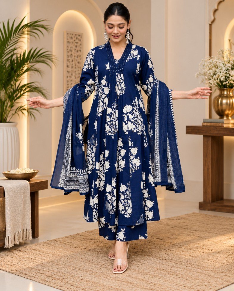 Navy Floral Printed Kurta Set – Hikma