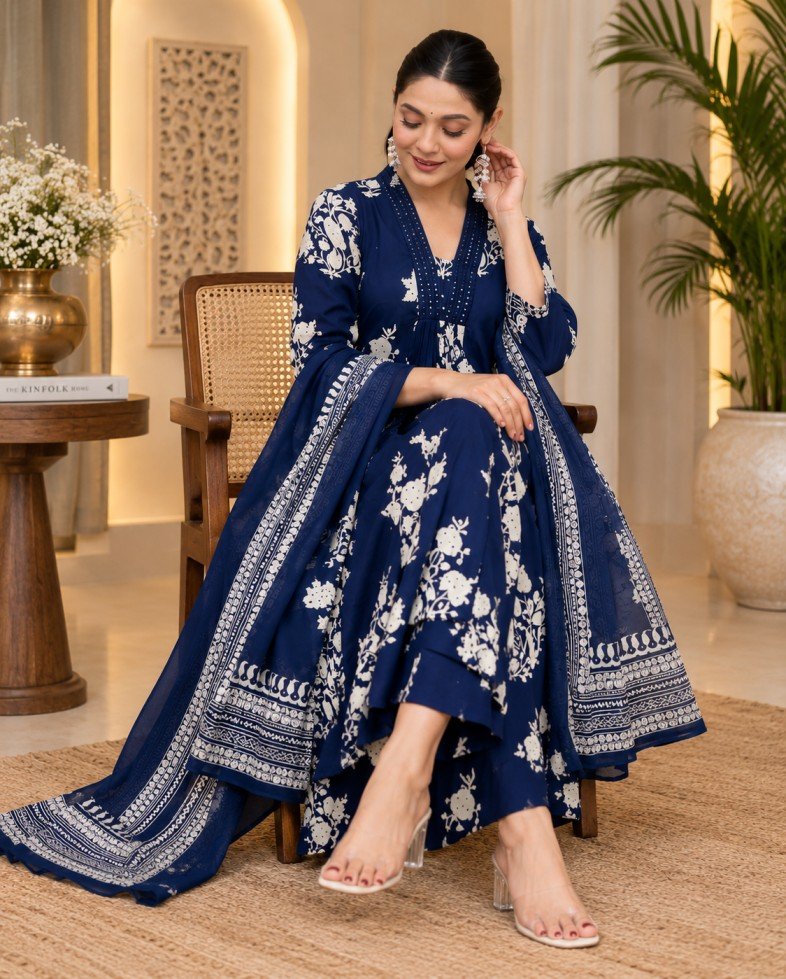 Navy Floral Printed Kurta Set – Hikma - Image 2