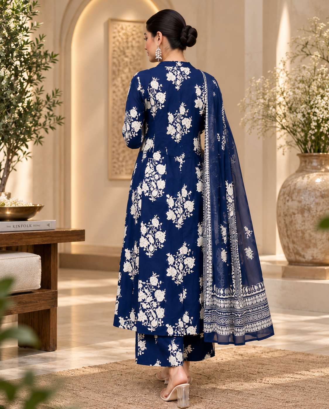 Navy Floral Printed Kurta Set – Hikma - Image 3