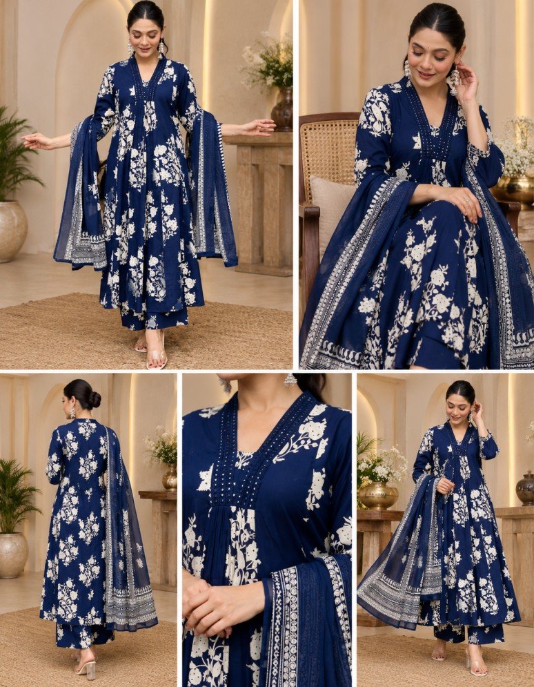 Navy Floral Printed Kurta Set – Hikma - Image 4