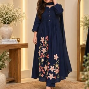 Navy Embroidered Anarkali Set – Hikma