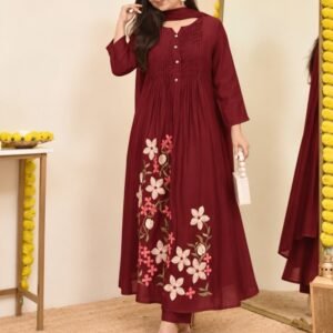 Maroon Floral Embroidered Anarkali Set – Hikma