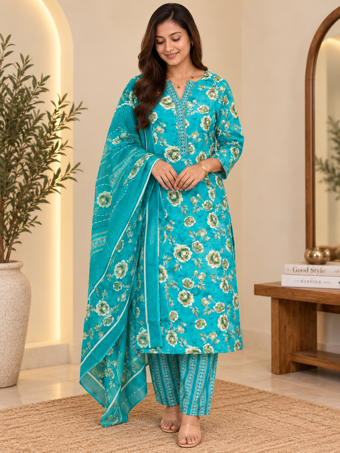 Turquoise Floral Printed Salwar Set – Hikma