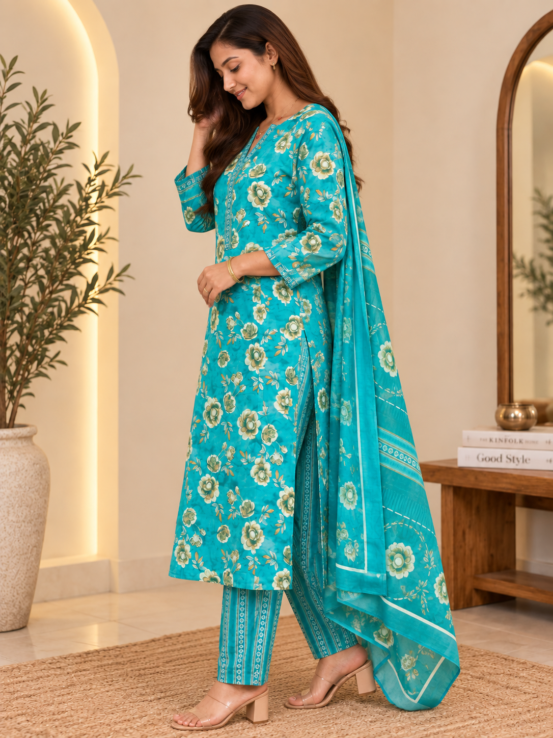 Turquoise Floral Printed Salwar Set – Hikma - Image 3