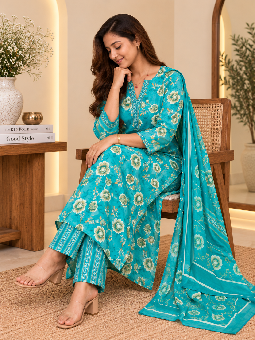 Turquoise Floral Printed Salwar Set – Hikma - Image 2