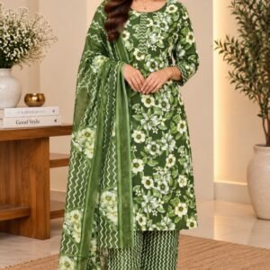 Olive Green Floral Kurta Set - Hikma