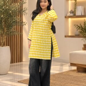 Yellow & White Gingham Printed Kurti – Hikma