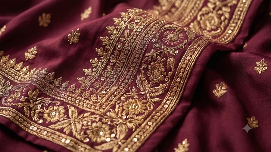 Close-up of gold zari embroidery on maroon fabric, Hikmah Collections