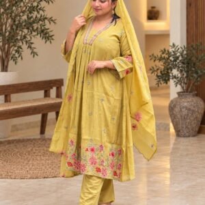 Mustard Yellow Floral Embroidered 3-Piece Suit Set Hikma