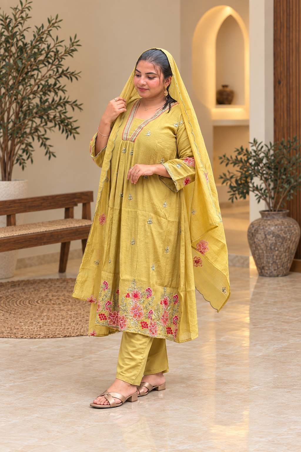 Mustard Yellow Floral Embroidered 3-Piece Suit Set Hikma