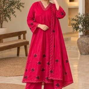 Rani Pink Floral Embellished 3-Piece Suit Set – Hikma