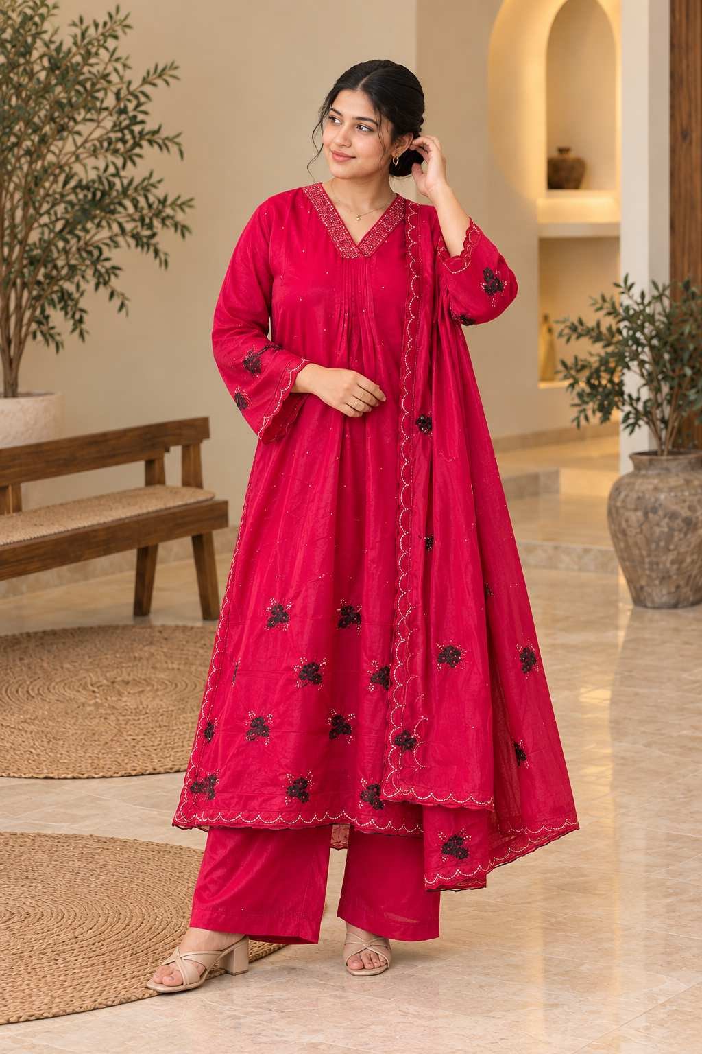 Rani Pink Floral Embellished 3-Piece Suit Set – Hikma