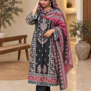 Black Pakistani Floral Printed 3-Piece Suit Set with Dupatta – Hikma