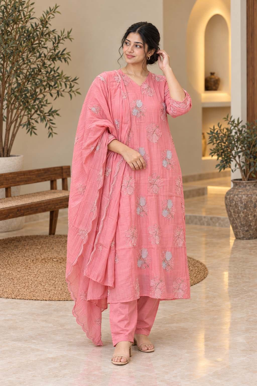 Pink Floral Embroidered Suit Set – Hikma