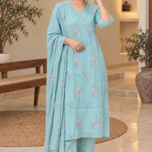 Aqua Floral Embroidered Suit Set – Hikma