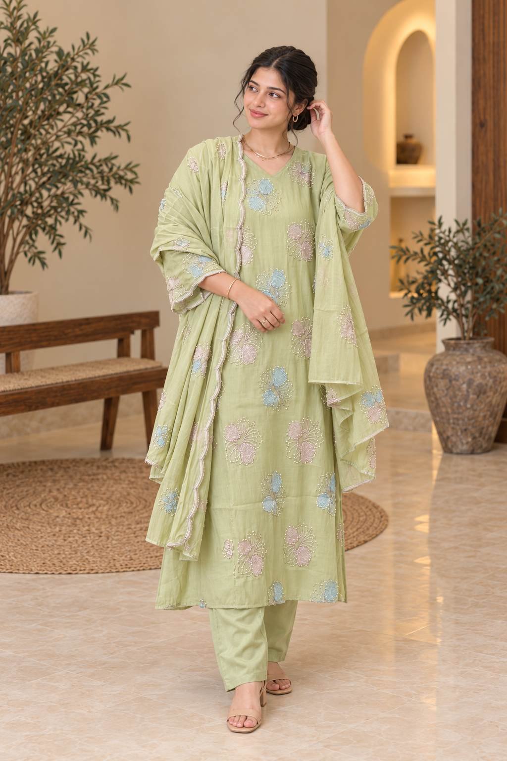 Pista Green Floral Embroidered Suit Set – Hikma